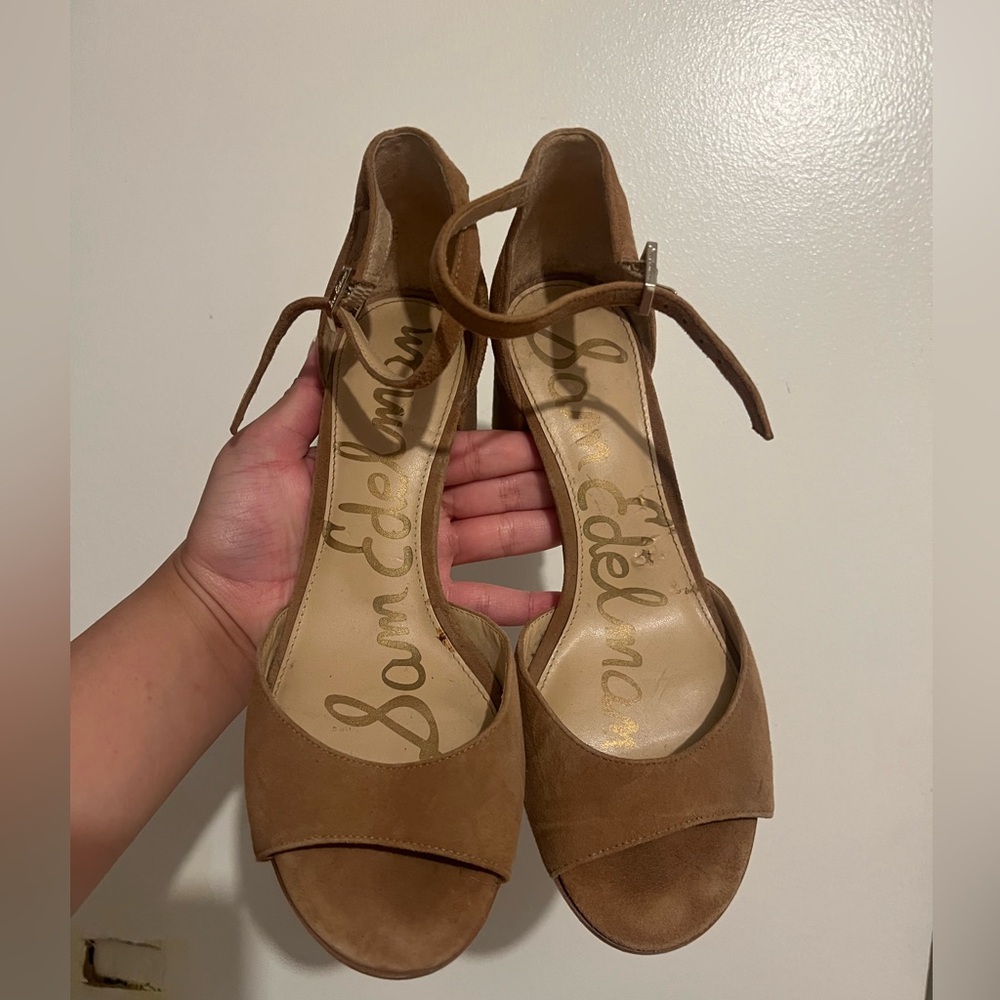 Sam Edelman Tan Suede Open-Toe Ankle Strap Heels